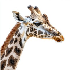 Fototapeta premium striking giraffe extends its long neck, highlighting its distinctive spots and elegant posture, set beautifully against a clean white backdrop.