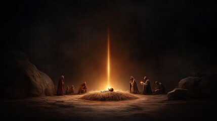 The nativity features a glowing light over baby Jesus with figures gathered in reverence