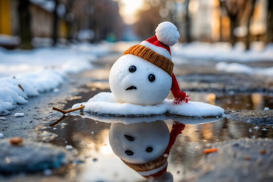 Sad snowman melting in a winter street with reflections in a puddle