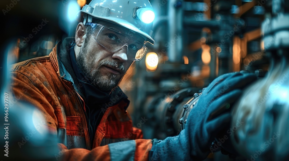 Aufkleber worker inspecting valve with flashlight, a male worker in safety gear, using a flashlight to inspect