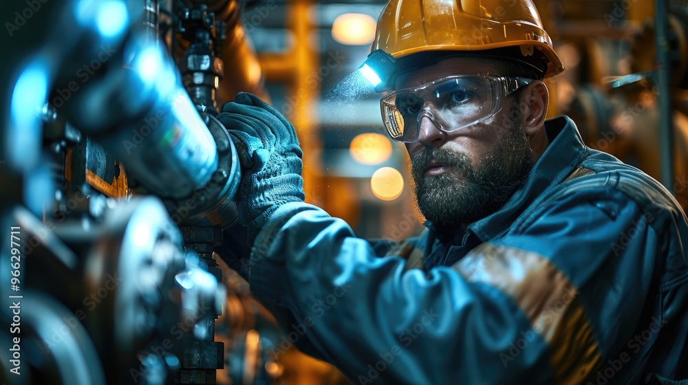 Poster Worker Inspecting Valve with Flashlight, A male worker in safety gear, using a flashlight to inspect a valve in a dimly lit industrial setting. Generative AI.