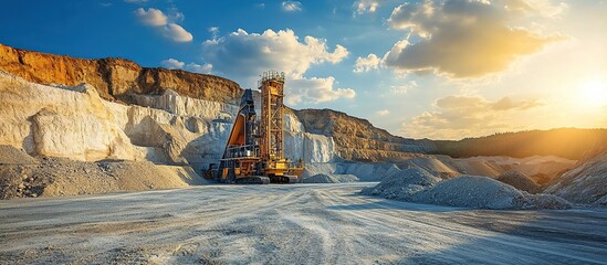 Industrial mining scene at sunset. Silica extraction and processing plant, with conveyor belt and massive shovels extracting silica sand