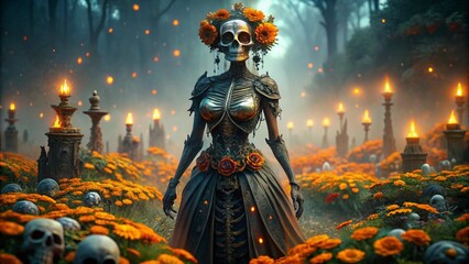 Vibrant Catrina in Detailed Dress Surrounded by Marigold Flowers for Celebrations and Cultural Events
