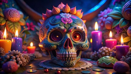 Close-Up of Colorful Sugar Skull Decorations Perfect for Celebrating Dia de los Muertos and Adding Vibrancy to Any Festive Event