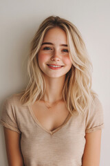 Naklejka premium Happy blonde girl smiling in a shirt on a light background.