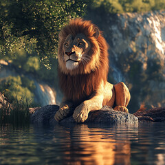 3d rendered photo of lion in river side