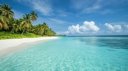 Fototapeta premium 3. A serene tropical beach with crystal-clear turquoise water and palm trees swaying in a gentle breeze