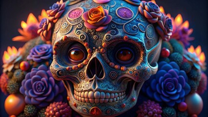 Detailed Close-Up of a Colorful Sugar Skull Perfect for Celebrating Cultural Traditions and Artistic Expression