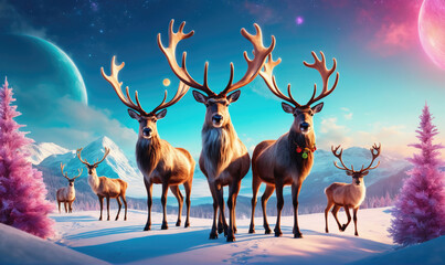 Five deer stand in a snowy landscape, looking towards a bright blue sky with pink clouds and a large planet