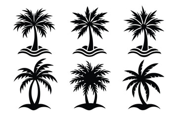 Fototapeta premium Simple Vector Palm Tree silhouette SVG icons and Beach Logo Designs in black and white and transparent background PNG file with Suns Clouds and Islands in the Ocean
