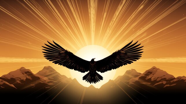 Majestic eagle silhouette against a sunset backdrop over serene mountain landscape