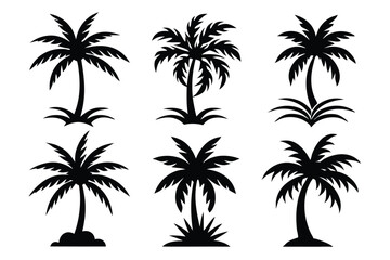 Fototapeta premium Simple Vector Palm Tree silhouette SVG icons and Beach Logo Designs in black and white and transparent background PNG file with Suns Clouds and Islands in the Ocean