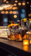 An elegant bar setup featuring various spirits and accessories, with soft lighting enhancing the ambiance,No blurriness