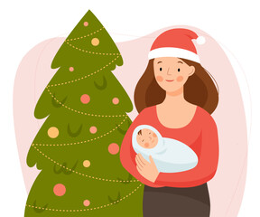 A mother in a red santa claus hat stands near the Christmas tree and holds a newborn. First Christmas with a baby. 