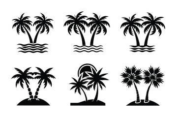 Simple Vector Palm Tree silhouette SVG icons and Beach Logo Designs in black and white and transparent background PNG file with Suns Clouds and Islands in the Ocean