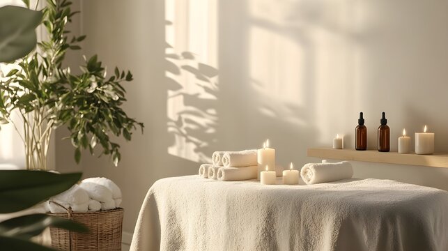 An elegantly arranged spa setting with light solid color walls, featuring candles, essential oils, and towels, creating a serene atmosphere for bodywork,No blurriness