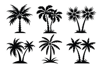 Fototapeta premium Simple Vector Palm Tree silhouette SVG icons and Beach Logo Designs in black and white and transparent background PNG file with Suns Clouds and Islands in the Ocean