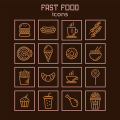 Collection of 16 outline fastfood icons. Takeaway and delivery food. Pizza,cupcake,donut,burger,soda,coffee,tea,popcorn, fries,ice-cream, chicken.Vector illustration in brown tones. 
