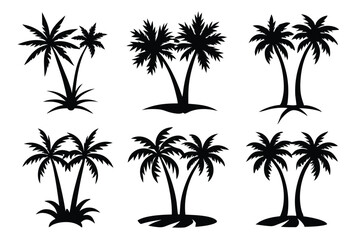 Obraz premium Simple Vector Palm Tree silhouette SVG icons and Beach Logo Designs in black and white and transparent background PNG file with Suns Clouds and Islands in the Ocean