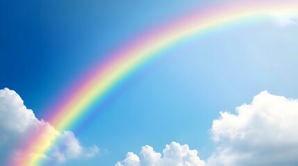 A vibrant rainbow arching across a clear blue sky, with soft white clouds gently floating in the background, creating a serene atmosphere,No blurriness