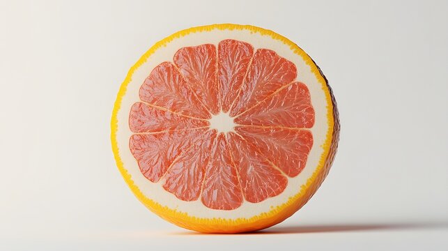 13. A segmented grapefruit with its vibrant pink flesh and glossy surface, displayed against a pristine white background