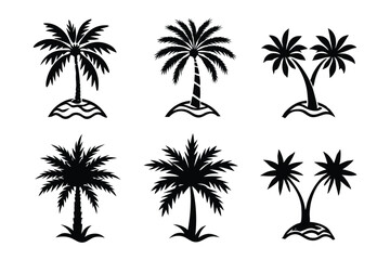 Fototapeta premium Simple Vector Palm Tree silhouette SVG icons and Beach Logo Designs in black and white and transparent background PNG file with Suns Clouds and Islands in the Ocean