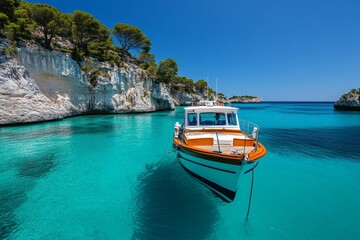 A small cruise boat navigating the Calanques near Cassis, offering passengers stunning views of the limestone cliffs and turquoise waters