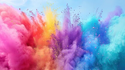 vibrant powder explosion rainbow hues bursting against pristine white backdrop swirling clouds of color frozen in midair creating a mesmerizing abstract display of joy and celebration
