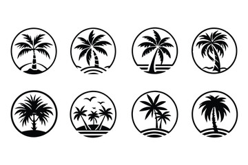 Simple Vector Palm Tree silhouette SVG icons and Beach Logo Designs in black and white and transparent background PNG file with Suns Clouds and Islands in the Ocean