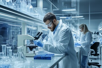 Scientists conducting research in a high-tech laboratory using advanced microscopes
