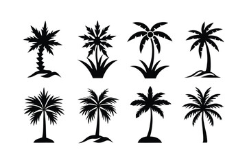 Simple Vector Palm Tree silhouette SVG icons and Beach Logo Designs in black and white and transparent background PNG file with Suns Clouds and Islands in the Ocean