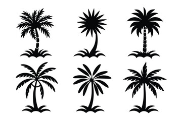Fototapeta premium Simple Vector Palm Tree silhouette SVG icons and Beach Logo Designs in black and white and transparent background PNG file with Suns Clouds and Islands in the Ocean