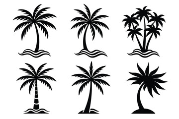 Obraz premium Simple Vector Palm Tree silhouette SVG icons and Beach Logo Designs in black and white and transparent background PNG file with Suns Clouds and Islands in the Ocean