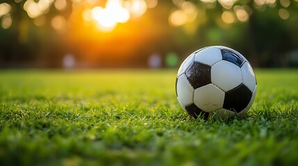 Fototapeta premium A close-up of a soccer ball resting on vibrant green grass, illuminated by a beautiful sunset in the background.