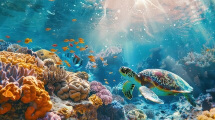 Fototapeta premium vibrant underwater scene majestic sea turtle gliding through colorful coral reef schools of tropical fish crystalclear turquoise water sunlight filtering from above creating dappled effects