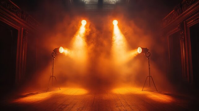 dramatic theater stage with three vintage spotlights casting intersecting beams of light through atmospheric haze creating a moody and anticipatory ambiance
