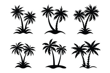 Fototapeta premium Simple Vector Palm Tree silhouette SVG icons and Beach Logo Designs in black and white and transparent background PNG file with Suns Clouds and Islands in the Ocean