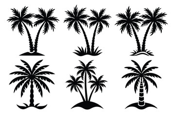 Fototapeta premium Simple Vector Palm Tree silhouette SVG icons and Beach Logo Designs in black and white and transparent background PNG file with Suns Clouds and Islands in the Ocean