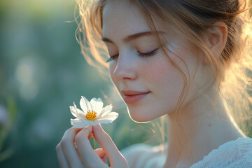 A young woman in a light shirt smelling a flower.