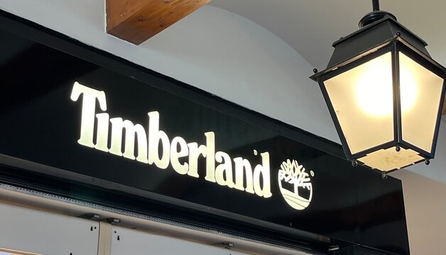 Albufeira, Portugal - September 09, 2024, sign or lettering of  Timberland, the internationally renowned US footwear and outdoor goods manufacturer The Timberland Company from Stratham, New Hampshire.