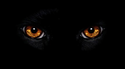 Close-up of striking orange eyes set against a dark background.