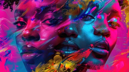 vibrant youth culture collage diverse faces emerge from swirling neon hues dynamic composition abstract elements urban vibes expressive portraits digital art aesthetics