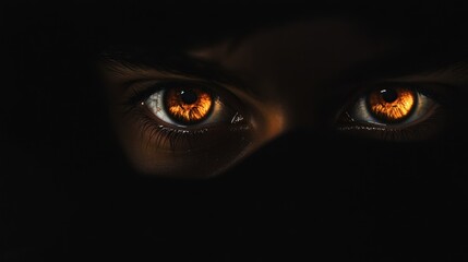 Close-up of striking, amber-colored eyes peering through a dark veil.