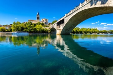 Obraz premium A tranquil scene of the Pont Saint-BÃ©nÃ©zet, also known as the â€œBridge of Avignon,â€ with the RhÃ´ne River flowing gently beneath it