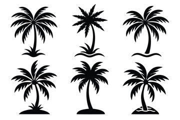 Obraz premium Simple Vector Palm Tree silhouette SVG icons and Beach Logo Designs in black and white and transparent background PNG file with Suns Clouds and Islands in the Ocean
