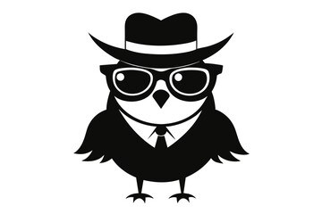 A cool vintage style owl with sun glasses and hat, silhouette black color on the white background, vector illustration