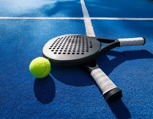Single padel ball bouncing on the court surface with a blurred background of players
