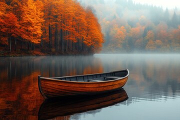 Obraz premium Wooden boat on a misty autumn lake with serene reflections and orange trees