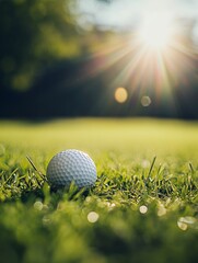 A white golf ball rests on a green grass fairway. The sun shines brightly in the background, creating a soft bokeh effect. The image symbolizes the sport of golf, relaxation, nature