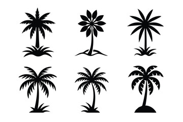 Simple Vector Palm Tree silhouette SVG icons and Beach Logo Designs in black and white and transparent background PNG file with Suns Clouds and Islands in the Ocean